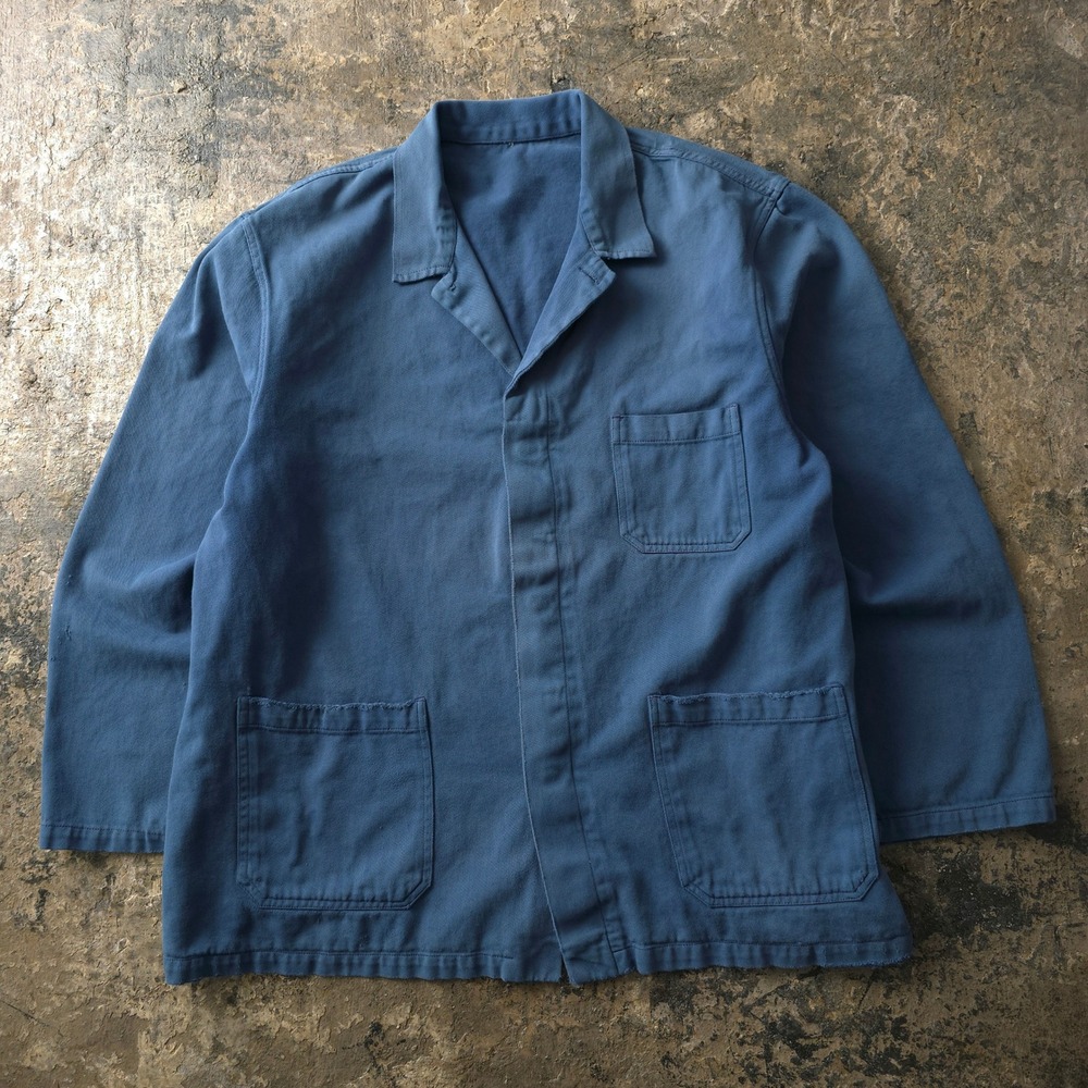 Vintage 1970s Blue French Work Jacket Cotton Chore Coat Large